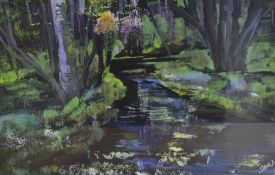 *Local Interest* Jennifer Wheten (British 1941-2021) Acrylic on paper, a vibrant study of a woodland