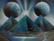 A contemporary Mallorcan landscape created with spray paint and stencils, a space inspired