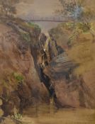 A 19th century watercolour of a cascading waterfall and bridge, unsigned or attributed, within