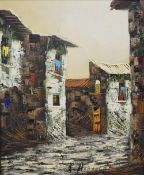 P Monzo (20th century) oil on canvas, an impasto street scene, signed lower centre, within moulded