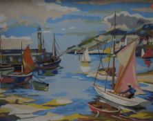 Contemporary acrylic on board, depicting vibrant sailing boats in a port, unsigned or attributed,