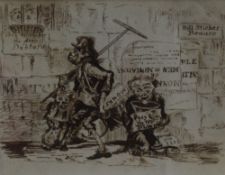 A 19th / early 20th century pen and ink sketch, beggars depicted as monkeys with plea reading '