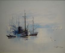 A 20th Century oil on canvas depicting ships on a calm sea in cool tones, signed indistinctively