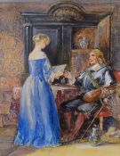 A 19th century rendition of a 17th century genre scene, depicting a couple at a table discussing