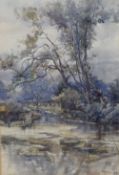 A 19th century watercolour, depicting a river with trees, signed indistinctively lower right, within