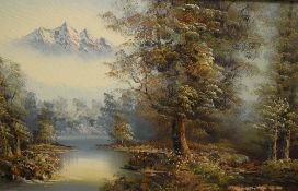 B Gilder (20th Century) oil on canvas, an autumn woodland with river and mountains, signed lower