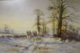 Alwyn Crawshaw (British b.1934) Oil on canvas, a pastoral winter scene depicting farmers trailing