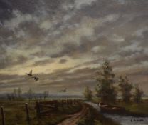 G Bouwer (Dutch 20th century) oil on canvas, Dutch canal scene with flying ducks, signed lower