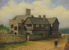 A 19th century oil on board depicting a Hall I'th Wood manor house with figures, unsigned or