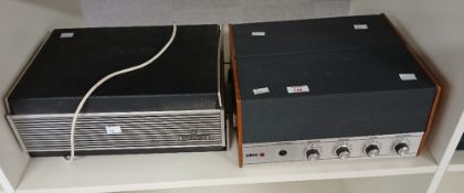 A retro Dansette style player in a case and a vintage reel tape player