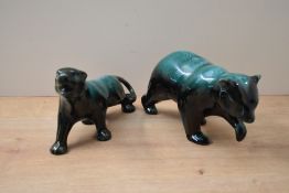 Two Blue Mountain pottery style animal studies bear and panther, measuring 13cm and 12cm tall,
