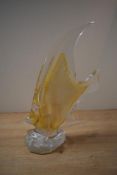 A large vintage murano style art glass angle fish, translucent body with gold coloured interior,