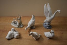 A group of six Nao by Lladro porcelain geese studies to include 'Ready to Fly' model number 1007