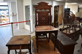 A late Victorian mahogany hall chair (seat worn and frame a little loose)