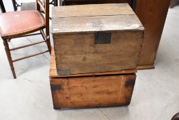 Two vintage wooden crates, width approx. 51 & 55cm, with metal handles (not a pair)