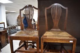A set of six 19th Century oak dining chairs having feathered slat backs and rush seats