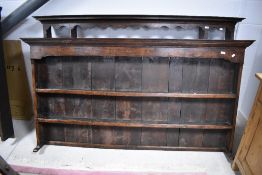 A period oak dresser top having plank style back, dimensions approx. W197 H109 D21cm