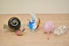 Five 20th-century studio art glass animal-shaped paper weights, to include a large colourful