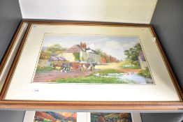 Two 20th-century framed landscape prints, depicting scenes of rural life, both unmarked, 53cm x