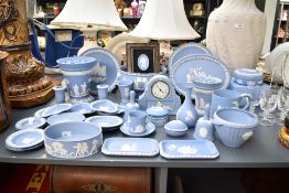 A large quantity of 20th-century Wedgwood Jasperware in blue, to include a selection of decorative