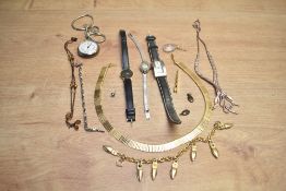 A collection of costume jewellery, including neck chains, wristwatches and paste set items