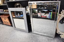 Two large contemporary rectangular glass hall mirrors, 89cm x 68cm and 105cm x 74cm, (2),