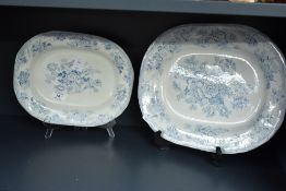 Two thought to be 19th-century blue and white transferware 'Asiatic Pheasant' platters, featuring