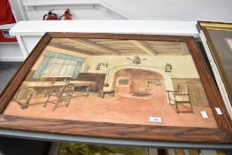 Artist unknown, large framed watercolour painting depicting the interior of a lodging house, the
