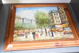 Two late 20th-century framed oil paintings, to feature a Parisian street scene after Caroline
