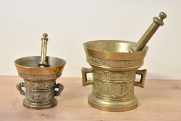 Two Victorian brass apothecary pestles and mortars, each with ornate decoration and of traditional