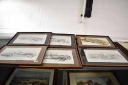 Six Car Cutaway prints of vintage vehicles inc E-Type jaguar, Jaguar XJ13, and vintage Bentley all