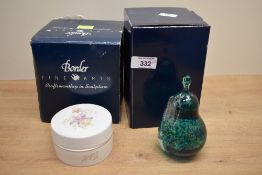 A late 20th-century Teign Valley Glass of Devon pear paperweight, featuring vibrant green and blue