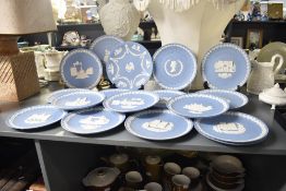 A selection of late 20th-century Wedgwood blue Jasperware decorative plates, to include Christmas,