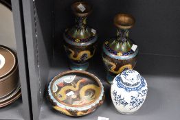 A quantity of presumed 19th-century Chinese cloisonné enamel ware, to include a shallow dragon bowl,