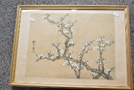 A pair of 20th-century Chinese silk paintings, the first depicting chrysanthemums and bees and the