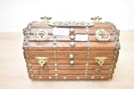Thought to be 20th-century Reuge Oriental-style wooden musical box, having metal rivets, handles and