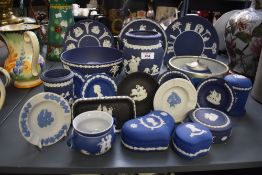 A large selection of 20th-century Wedgwood jasperware pottery in Portland blue, to include