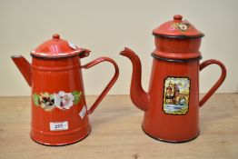 Two 20th-century red enamel bargeware coffee pots, featuring colourful floral, foliate and canal
