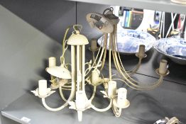 Two contemporary vintage-style white metal multi-arm 5-light chandeliers, featuring a distressed