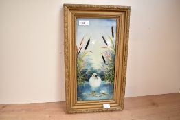20th Century oil on glass, depicting a single swan on a lake with rushes and lily pads, unsigned,