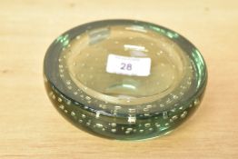 A 20th-century Whitefriars bubble glass ash tray, unmarked, 12.5cm diameter, condition is consistent