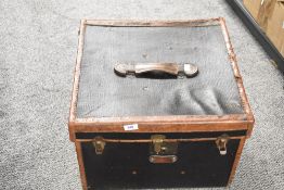 Thought to be 19th-century leather Hat Steaming Box, having metal hardware and a handle, unmarked,