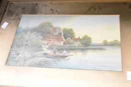 H Murray (20th Century) Watercolour on paper, a quaint riverside stream with a mother and children
