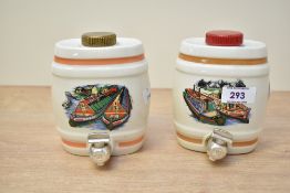 Two 20th-century pottery spirit/sherry barrel dispensers, having colourful canal boat decoration,