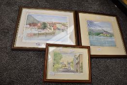 Alex Johnson (British contemporary) watercolour 'Lake Bled Slovenia', a colourful depiction