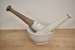 A late 19th to early 20th-century Wedgewood stoneware and beech Apothecary Mortar and Pestle,