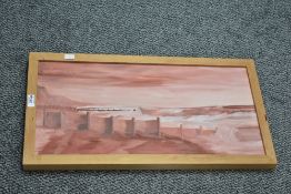 Contemporary acrylic on board, a beach scene in pink tones depicting waves breaking along groynes on
