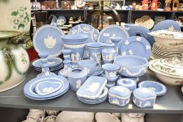 A large quantity of 20th-century Wedgwood Jasperware in blue, to include a selection of decorative