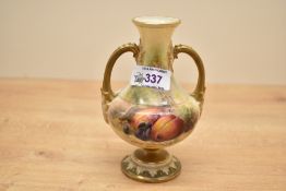 A Royal Crown Derby vase of lobed form, decorated with gilt floral patterns on a yellow ground,