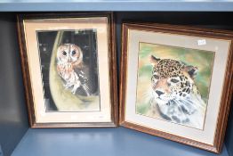 Artist unknown, two 20th century mixed medias (watercolour and coloured chalks) study of a Tawny owl